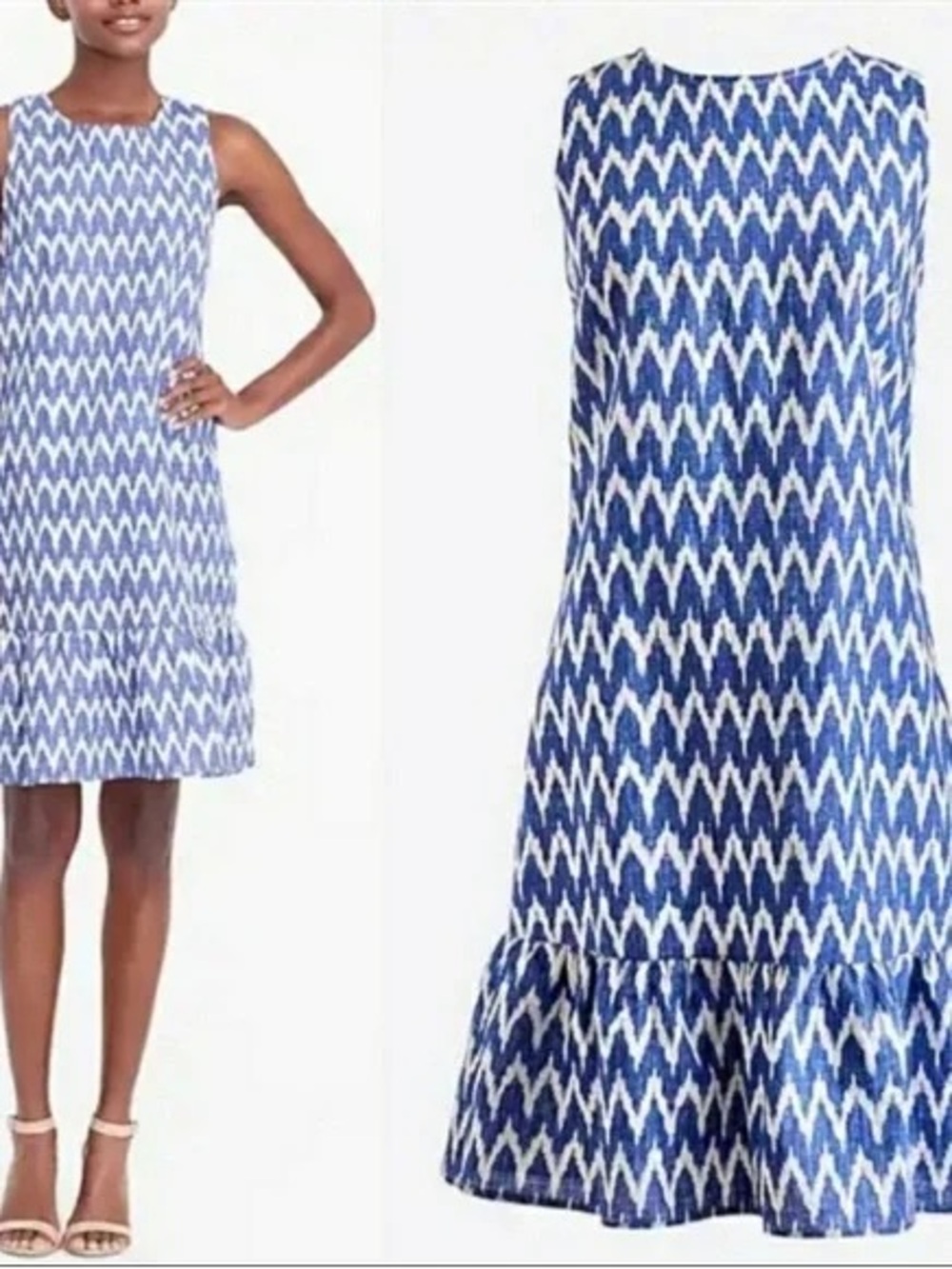 J. Crew Blue and White Chevron Ruffle Hem Mini Dress